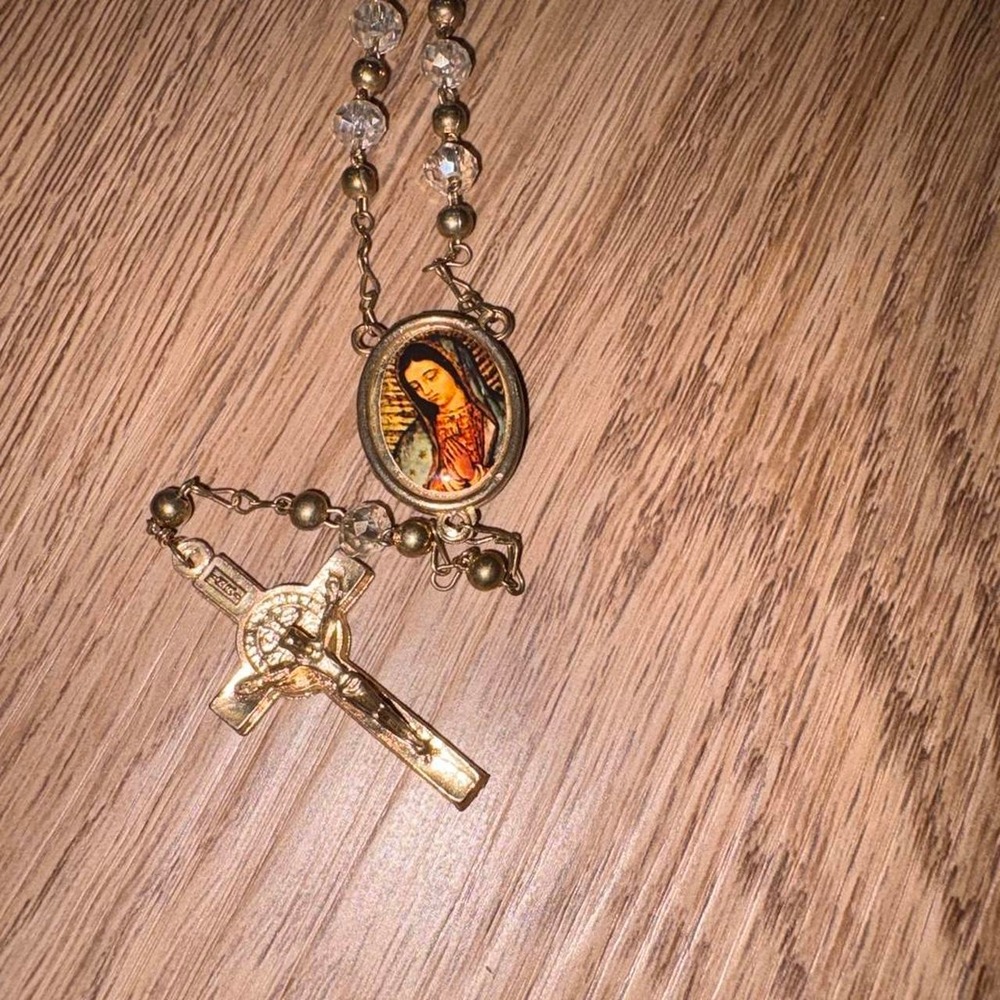 Vintage Made in Italy gold-tone rosary necklace featuring clear crystal beads